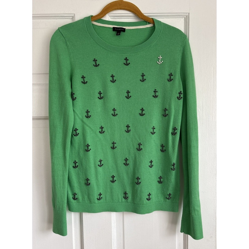 Talbots Green Beaded Anchor Nautical Crewneck Sweater Womens XS Long Sleeve